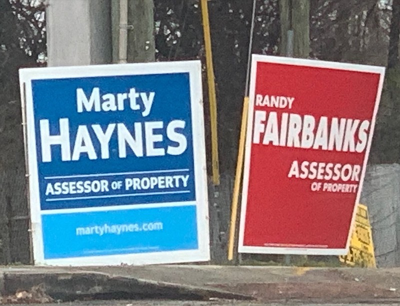 Campaign signs for the two Hamilton County assessor of property candidates - Marty Haynes and Randy Fairbanks - are seen on South Terrace on Saturday, Jan. 11, 2020, in Chattanooga, Tenn. / Staff photo by Allison Collins