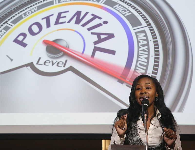 Tenesha Irvin, a sales professional and radio personality, speaks during EPB's 14th Annual Black History Poetry Contest Thursday, March 15, 2018 at EPB headquarters in downtown Chattanooga, Tenn. Irvin encouraged students to work hard and become leaders in their communities.