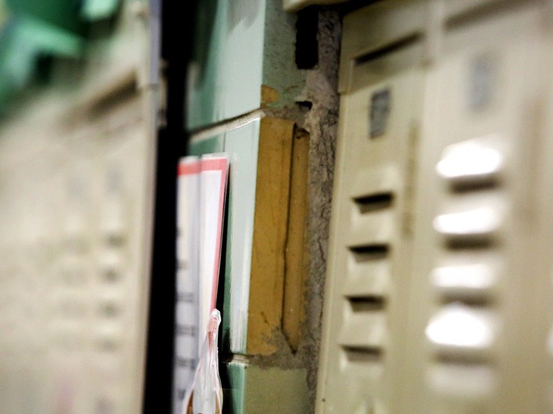 Foundational problems can be seen around the lockers at Chattanooga School for the Liberal Arts Tuesday, December 3, 2019 in Chattanooga, Tennessee. / Staff photo by Erin O. Smith