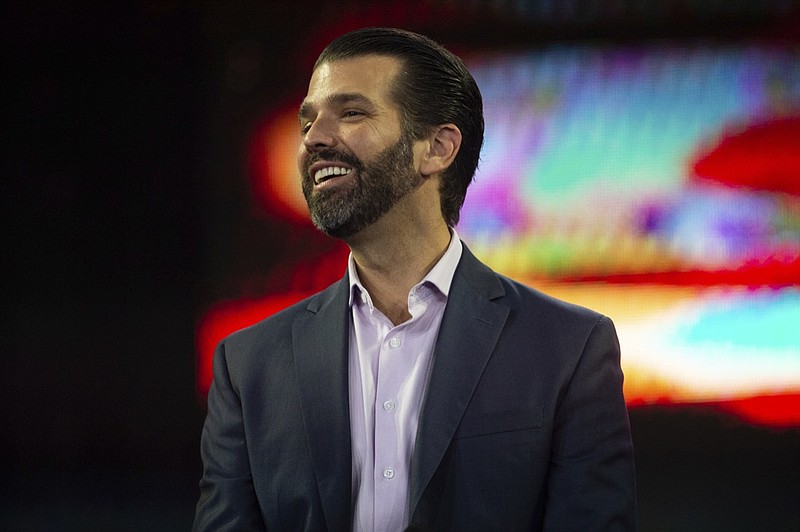 Donald Trump Jr. laughs during convocation at Liberty University on Wednesday, Nov. 13 2019 at the Vines Center. (Emily Elconin/The News & Advance via AP)