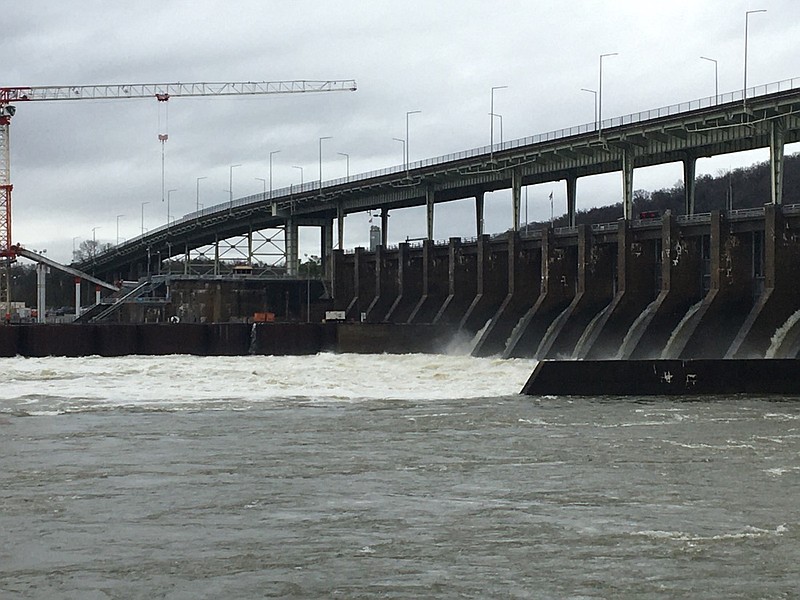 TVA is spilling 95,000 cubic feet per second, or more than 710,000 gallons of water a second, through the Chickamauga Dam in Chattanooga following two rainstorms in the past week that dumped more than 4 inches of rain across the Tennessee Valley. / Photo by Dave Flessner 