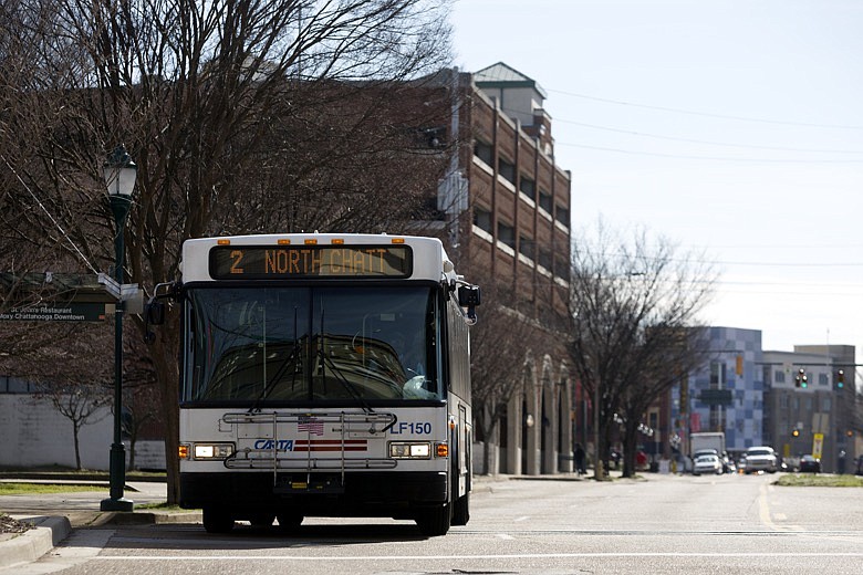 A CARTA bus is seen on Market Street on Thursday, Jan. 16, 2020 in Chattanooga, Tenn. / Staff photo by C.B. Schmelter
