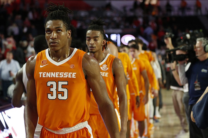 Tennessee junior Yves Pons (35) looks up at the scoreboard after the Vols lost 80-63 Wednesday night at Georgia to fall to 2-2 in SEC play. / AP photo by Joshua L. Jones