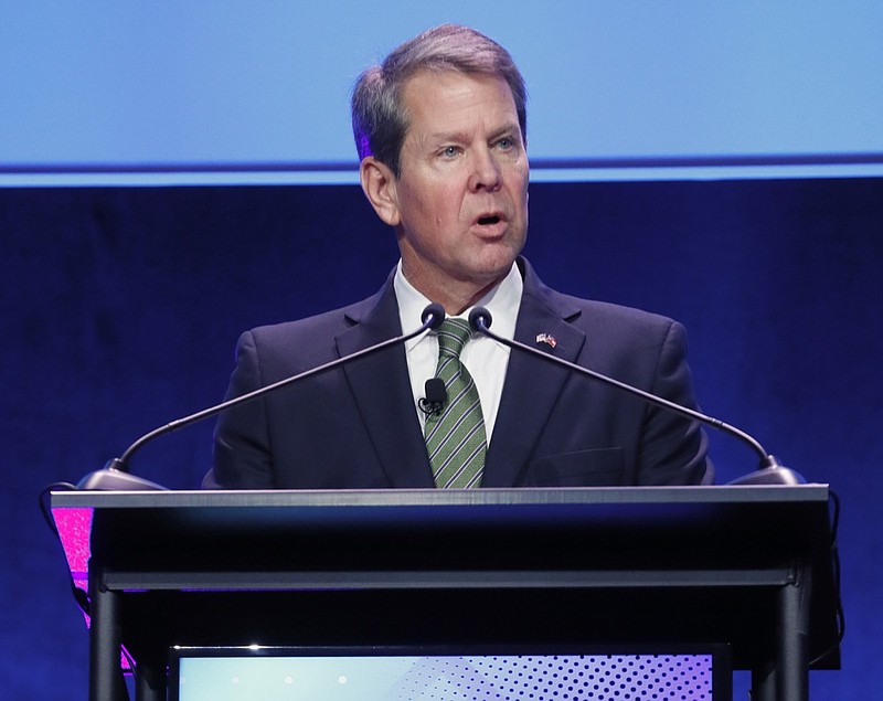 FILE - Gov. Brian Kemp addresses the annual Georgia Chamber of Commerce - Eggs & Issues Breakfast Wednesday, Jan. 15, 2020 in Atlanta.Kemp will deliver his second annual State of the State address Thursday, Jan. 16. (Bob Andres/Atlanta Journal-Constitution via AP, File)


