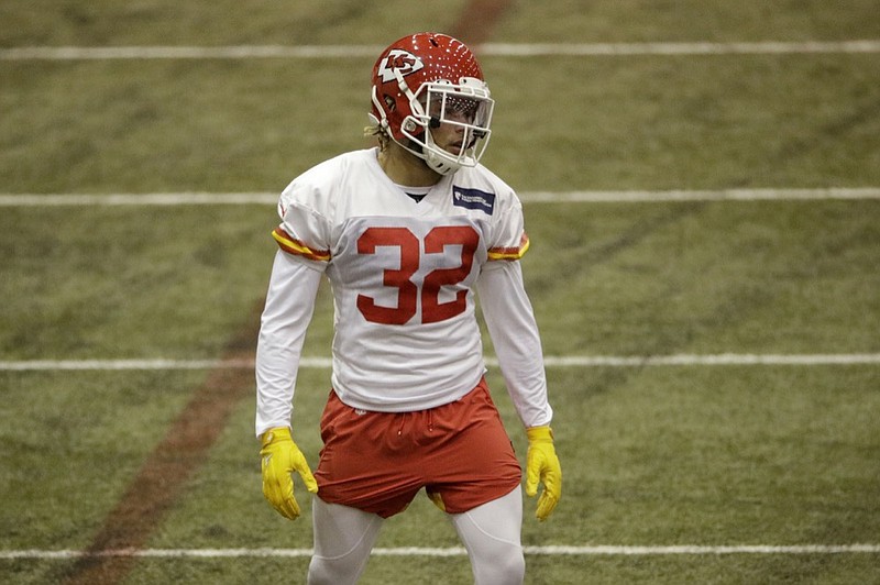 Kansas City Chiefs strong safety Tyrann Mathieu watches a drill during practice Thursday for Sunday's AFC championship game against the Tennessee Titans. / AP photo by Charlie Riedel
