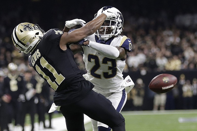 Los Angeles Rams defensive back Nickell Robey-Coleman, right, breaks up a pass intended for New Orleans Saints receiver Tommylee Lewis during the second half of the NFC championship game on Jan. 20, 2019, in New Orleans. / AP photo by Gerald Herbert