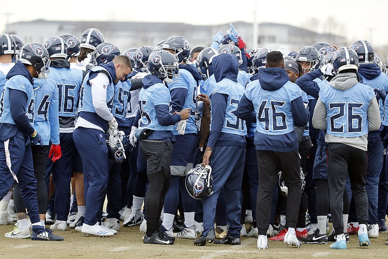 Tennessee Titans players gather during practice Friday in Nashville. / AP photo by Mark Humphrey