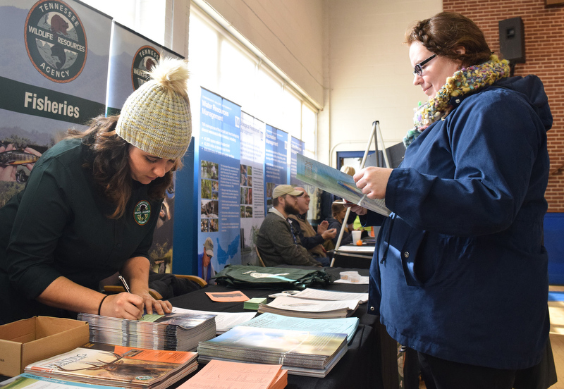 Staff Photo by Robin Rudd/ Emily Hinds, of the Tennessee Wildlife Resources Agency gives some information to Margaret Green at the Birchwood Community Center. The 29th Annual Tennessee Sandhill Crane Festival celebrates the thousands of birds that migrate through or spend the winter on and around the Hiwassee Refuge. The festival, the final day was January 19, 2020, also provides an opportunity to focus on the rich wildlife heritage of the state and the Native American history of the area.