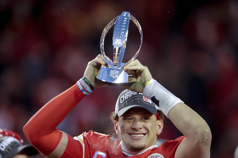 Kansas City quarterback Patrick Mahomes celebrates after the Chiefs beat the Tennessee Titans 35-24 to win the AFC title on Sunday advance to the Super Bowl on Feb. 2 in Miami Gardens, Fla. They will face the San Francisco 49ers, who beat the Green Bay Packers 37-20 to win the NFC title. / AP photo by Charlie Riedel