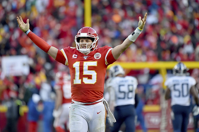 Kansas City Chiefs quarterback Patrick Mahomes celebrates after throwing a touchdown pass during the second half of the AFC title game against the Tennessee Titans on Sunday in Kansas City, Mo. / AP photo by Ed Zurga