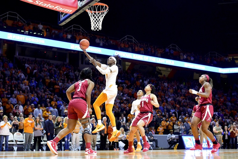 Tennessee guard/forward Rennia Davis (0) goes for a layup during an NCAA college basketball game against Alabama in Knoxville, Tenn. on Monday, Jan. 20, 2020. Tennessee defeated Alabama 65-63. (Calvin Mattheis/Knoxville News Sentinel via AP)