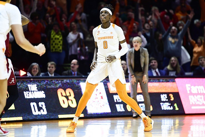 Tennessee guard/forward Rennia Davis (0) reacts after making a three-point shot in the final seconds of the game to win the game against Alabama at Thompson-Boling Arena in Knoxville, Tenn. on Monday, Jan. 20, 2020. Tennessee defeated Alabama 65-63. (Calvin Mattheis/Knoxville News Sentinel via AP)
