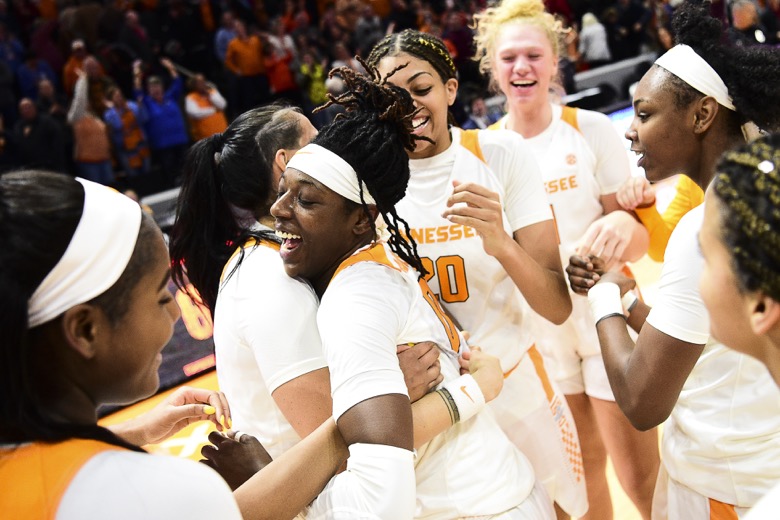Tennessee guard/forward Rennia Davis (0) celebrates after defeating Alabama 65-63 after an NCAA college basketball game in Knoxville, Tenn. on Monday, Jan. 20, 2020. (Calvin Mattheis/Knoxville News Sentinel via AP)