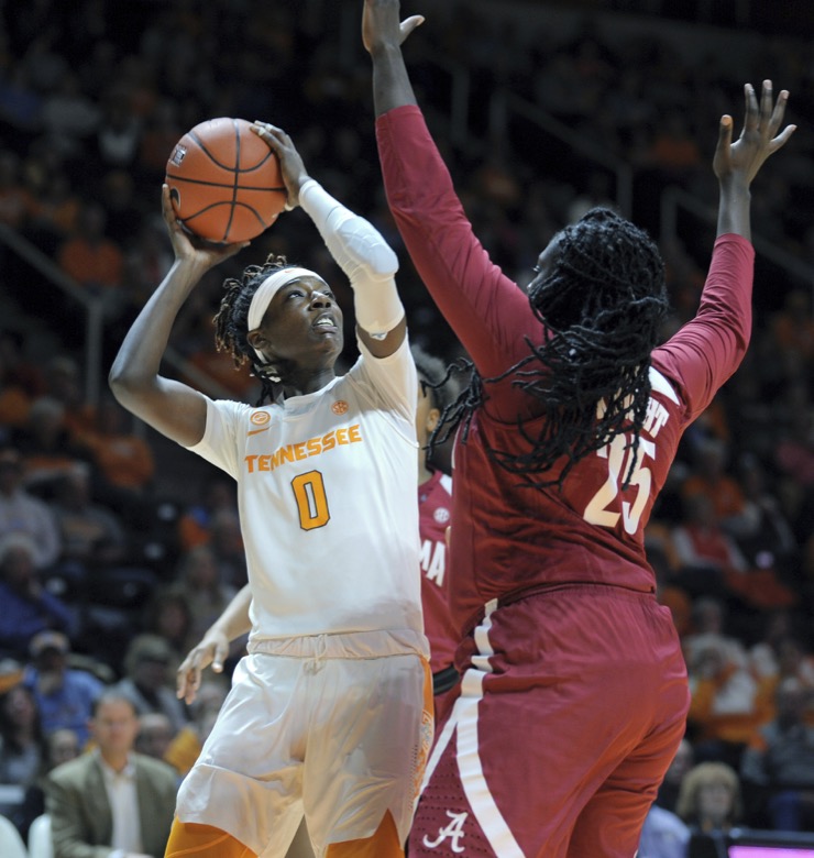 University of Tennessee's Rennia Davis (0) scores on a short jumper over Alabama's Ashley Knight (25) in an NCAA Women's Basketball game played in Knoxville, Tenn., Monday January 20, 2020. (Scott Keller/The Daily Times via AP)