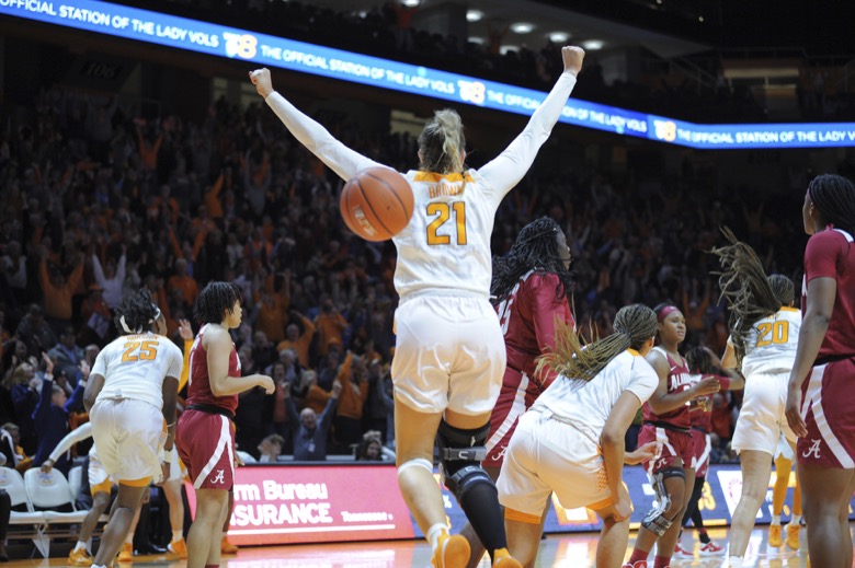 University of Tennessee players erupt with joy and Alabama players with shock as a 3 point shot by Rennia Davis falls to the court giving the Lady Vols a lead that they held as the Crimson Tide had .3 second left on the clock in an NCAA Women's Basketball game played in Knoxville, Tenn., Monday January 20, 2020. (Scott Keller/The Daily Times via AP)