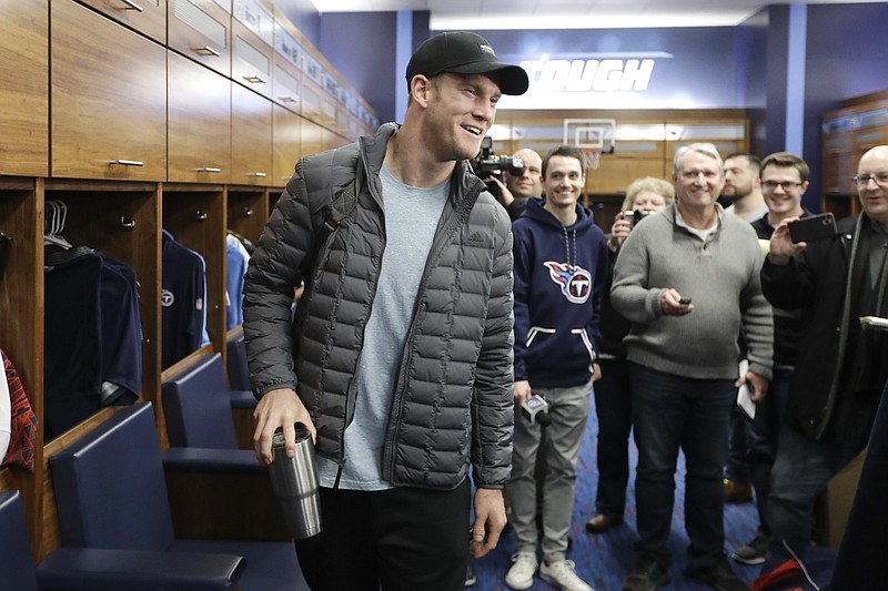 Tennessee Titans quarterback Ryan Tannehill leaves the locker room as players clean out their lockers Monday, Jan. 20, 2020, in Nashville, Tenn. The Titans lost the AFC Championship NFL football game Sunday to the Kansas City Chiefs. (AP Photo/Mark Humphrey)