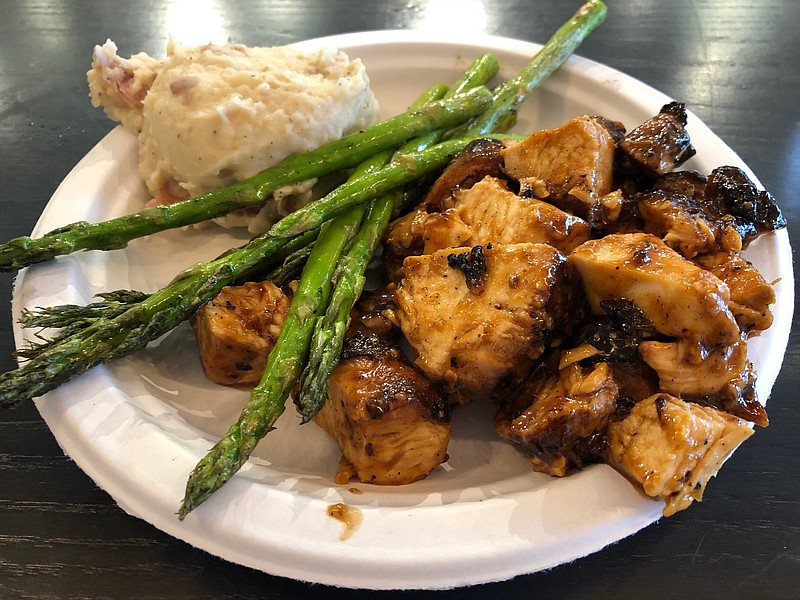 Photo by Susan Pierce / Diced chargrilled chicken is tossed with Brown Bag's homemade teriyaki sauce for this $8.50 entree that came with choice of two sides, which were grilled asparagus and red-skin mashed potatoes.