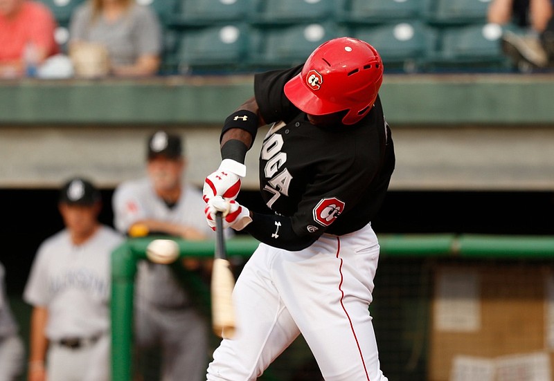 Chattanooga left fielder Taylor Trammell bats during the Lookouts' home baseball game against the Jackson Generals at AT&T Field on Friday, July 5, 2019, in Chattanooga, Tenn. 
