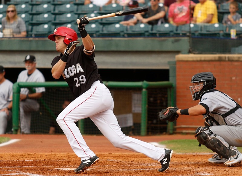 Chattanooga Lookouts first baseman Mitch Nay bats during a home game against the Jackson Generals on July 5, 2019, at AT&T Field. / Staff file photo