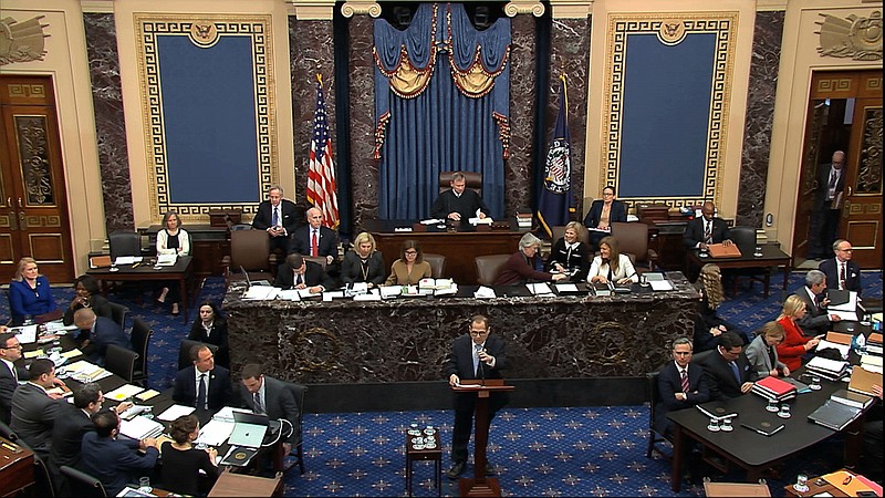 Photo from Senate Television via the Associated Press / In this image from video, House impeachment manager Rep. Jerrold Nadler, D-New York, speaks during the impeachment trial against President Donald Trump in the Senate at the U.S. Capitol in Washington on Wednesday.