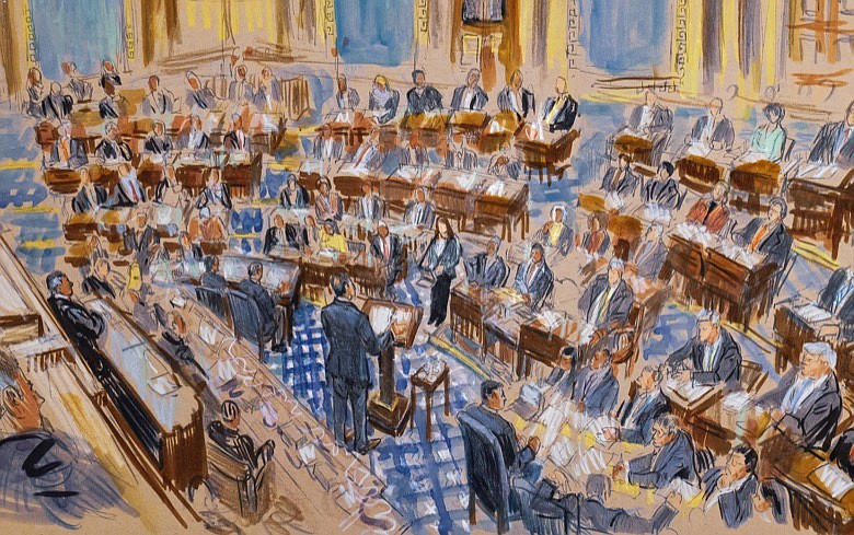 This artist sketch depicts White House counsel Pat Cipollone speaking in the Senate chamber during the impeachment trial against President Donald Trump on charges of abuse of power and obstruction of Congress, at the Capitol in Washington, Tuesday, Jan. 21, 2020. (Dana Verkouteren via AP)