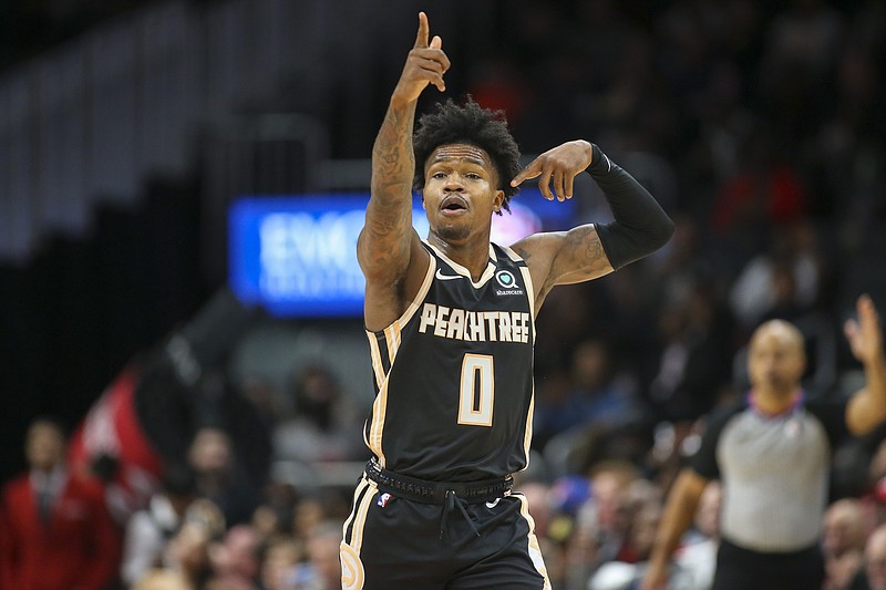 Atlanta Hawks guard Brandon Goodwin celebrates after making a basket during the second half of a home game against the Los Angeles Clippers on Wednesday night. Goodwin's 19-point performance helped the Hawks win 102-95. / AP photo by Brett Davis