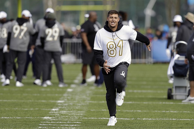 NFC tight end Austin Hooper of the Atlanta Falcons laughs as he runs a route during practice for the Pro Bowl on Wednesday in Kissimmee, Fla. / AP photo by Chris O'Meara