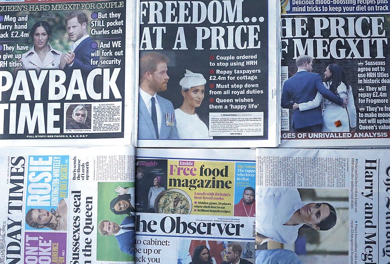 Photo by Frank Augstein of The Associated Press / The front pages of London's Sunday newspapers are displayed in London, on Jan. 19, 2020.
