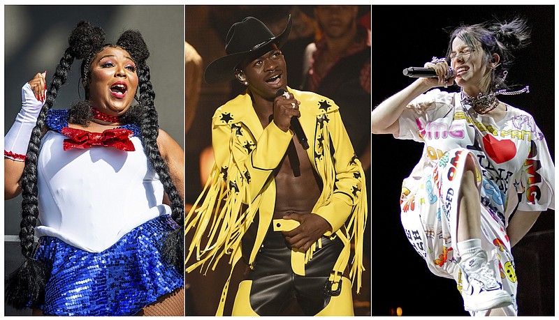 This combination of photos shows, from left, Lizzo performing at the Voodoo Music Experience in New Orleans on Oct. 27, 2018, Lil Nas X performing "Old Town Road" at the BET Awards in Los Angeles on June 23, 2019 and Billie Eilish performing during the "When We All Fall Asleep" tour in Chicago on June 9, 2019. Lizzo, Eilish and Lil Nas X lead in nominations at the 2020 Grammy Awards. (AP Photo)