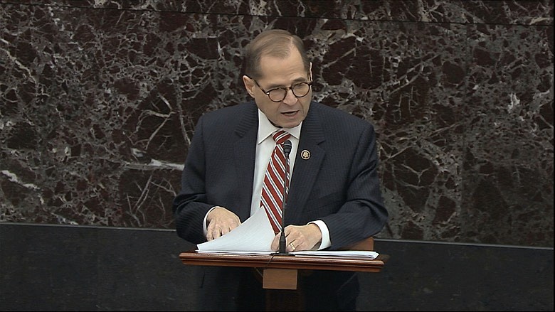 In this image from video, House impeachment manager Rep. Jerrold Nadler, D-N.Y., speaks during the impeachment trial against President Donald Trump in the Senate at the U.S. Capitol in Washington, Thursday, Jan. 23, 2020. (Senate Television via AP)