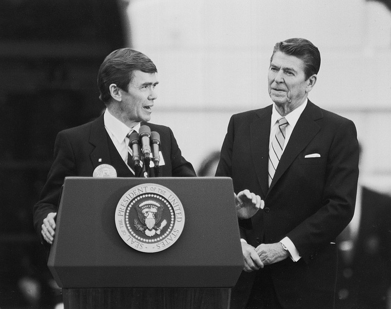 U.S. President Ronald Reagan listens as Bruce Laingen, top diplomatic hostage during the Iran hostage crisis, speaks at the official welcome ceremony at the White House in Washington, D.C., Tuesday, Jan. 27. 1981. On Jan. 20, Iran released the 52 remaining hostages held at the U.S. Embassy in Tehran for 444 days. (AP Photo)