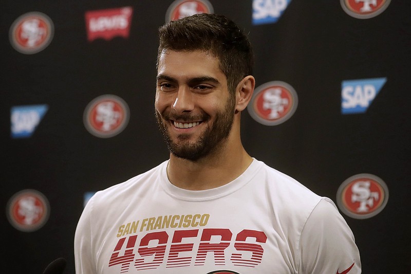 San Francisco 49ers quarterback Jimmy Garoppolo speaks during a news conference Thursday in Santa Clara, Calif. The 49ers will face the Kansas City Chiefs in Super Bowl LIV on Feb. 2. / AP photo by Jeff Chiu