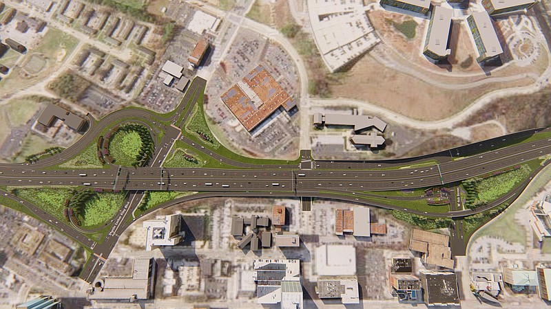 Contributed by Tennessee Department of Transportation / An architect's rendering in an overview of the Fourth Street and Martin Luther King Jr. Boulevard interchanges on U.S. Highway 27 in downtown Chattanooga designed by Ragan + Smith Associates shows the general concept of extensive landscaping plans that use more than 1,000 trees, 1,300 daylilies, 1,200 blue iris and four acres of wildflowers. The Tennessee Interstate Conservancy joined designers, private and public stakeholders and state and local governments in an effort planners say will make Chattanooga a model for similar projects across the state.