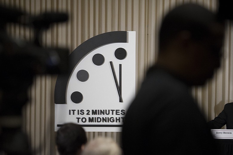 The Doomsday Clock is unveiled during The Bulletin of the Atomic Scientists news conference in Washington, Thursday, Jan. 24, 2019. The Doomsday Clock is set at two minutes to Midnight. (AP Photo/Cliff Owen)