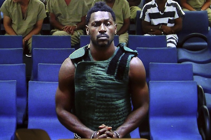 Antonio Brown appears at the Broward County Courthouse in Fort Lauderdale, Fla., on Friday via video link. Brown was granted bail after spending the night in jail. / AP photo by Amy Beth Bennett


