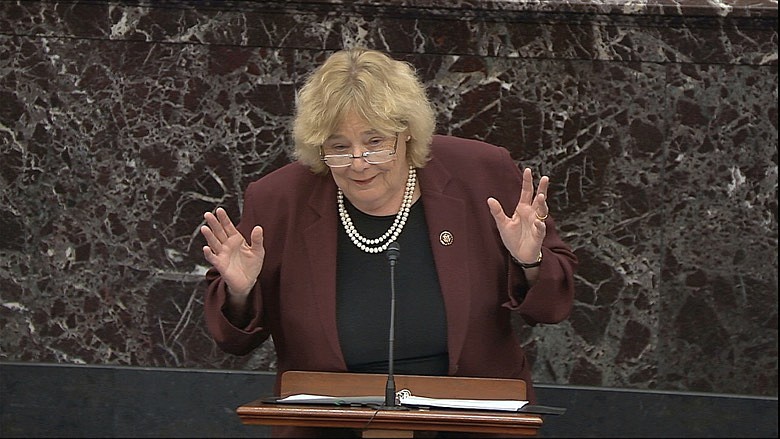 In this image from video, House impeachment manager Rep. Zoe Lofgren, D-Calif., speaks during the impeachment trial against President Donald Trump in the Senate at the U.S. Capitol in Washington, Friday, Jan. 24, 2020. (Senate Television via AP)