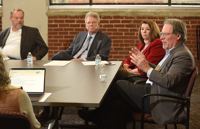 Ken Meyer, left, Mike McGauley, Tina Benkiser, and Tom Decosimo talk about the Good Government Coalition's goals and principles to the TFP editorial board, Jan. 9, 2020 / Staff photo by Tim Barber.