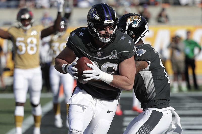 AFC tight end Mark Andrews of the Baltimore Ravens scores a touchdown during the first half of the Pro Bowl on Sunday in Orlando, Fla. / AP photo by John Raoux