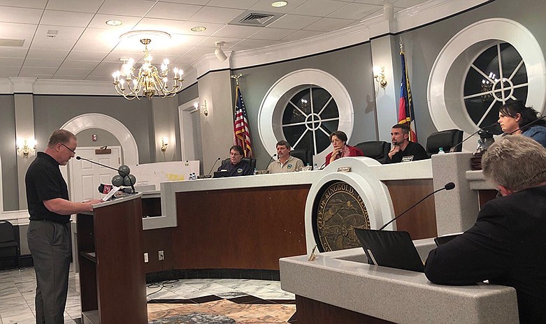 Ringgold Police Chief Dan Bilbrey speaks at Monday's Ringgold City Council meeting where he resigned after nearly 10 years as chief. / Photo by Patrick Filbin