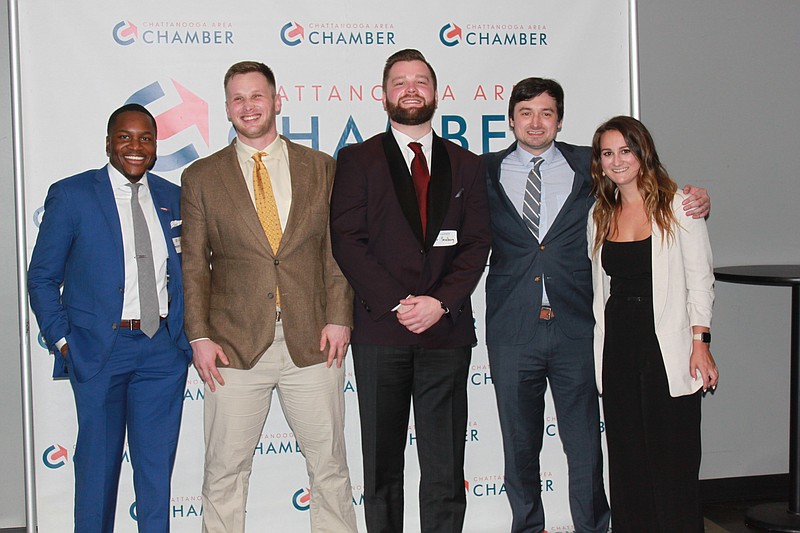 Contributed photo / Pictured left to right are EirSystems Developer Kenston O'Neal, Co-founder and Vice President Ryan Seaberg, Co-founder and CEO Tyler Seaberg, Research Assistant Chris Zack, and Marketing and Public Relations Manager Annalisa D'andrea. EirSystems, founded in 2018, won a ChaTech Early Innovator Award during Startup Week's Spirit of Innovation event in October.