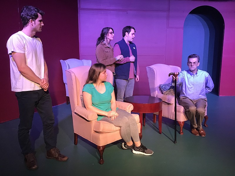 Photo by Jeri Dunn / Nathan Davies (Jack Worthing), Anna Blake (Gwendolyn Fairfax), Brandi Bethune (Cecily Cardew), Carter Harbin (Algernon Moncrieff) and Wes Phinney (Lady Bracknell), from left, debate the merits of true love, if it even exists at all in "The Importance of Being Earnest."