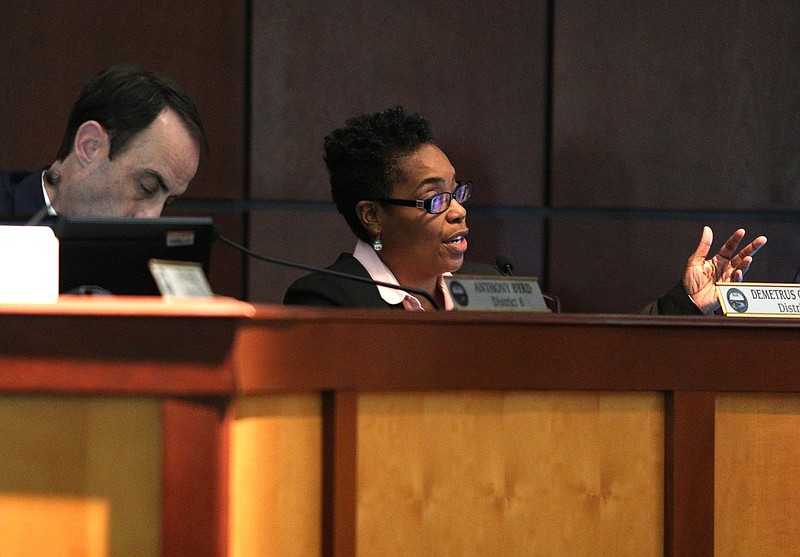 Chattanooga City Councilwoman Demetrus Coonrod asks questions about the 10-year plan for public art during a meeting in the City Council Assembly Room Tuesday, February 12, 2019 in Chattanooga, Tennessee. While Coonrod praised the work, she was concerned with some areas receiving more funds and projects than others as well as the lack of diversity in artists used for such projects. / Staff photo by Erin O. Smith