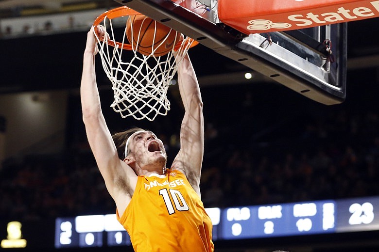 Tennessee forward John Fulkerson dunks the ball against Vanderbilt in the second half of an NCAA college basketball game Saturday, Jan. 18, 2020, in Nashville, Tenn. (AP Photo/Mark Humphrey)