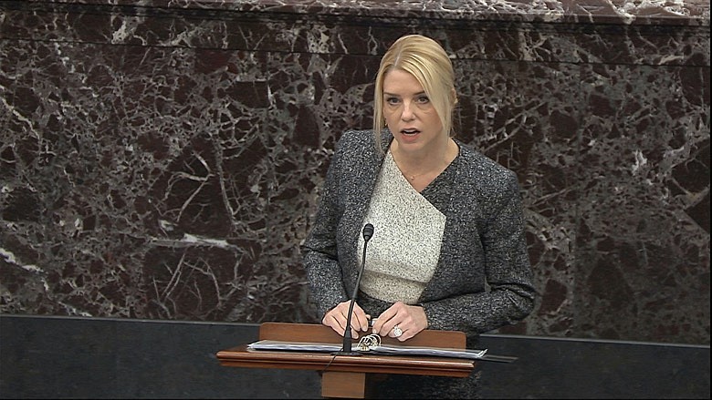 In this image from video, White House adviser and former Florida Attorney General Pam Bondi speaks during the impeachment trial against President Donald Trump in the Senate at the U.S. Capitol in Washington, Monday, Jan. 27, 2020. (Senate Television via AP)