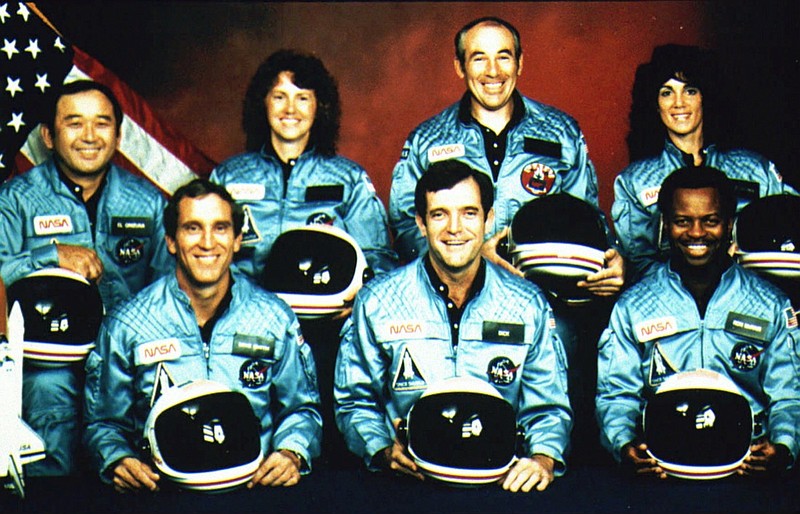 FILE--File picture from January 28, 1986, shows the crew of space shuttle Challenger. The space shuttle with seven astronauts onboard explodet over Cap Canaveral/Florida 74 seconds after launch in 16 km height. All occupants were killed. In the front row, from left: Astronauts Mike Smith, Francis R. Scobee, Ronald E.McNair. Back row from left: Ellison S. Onizuka, Christa McAuliffe, Gregory Jarvis and Judy Resnik. (AP Photo/handout)