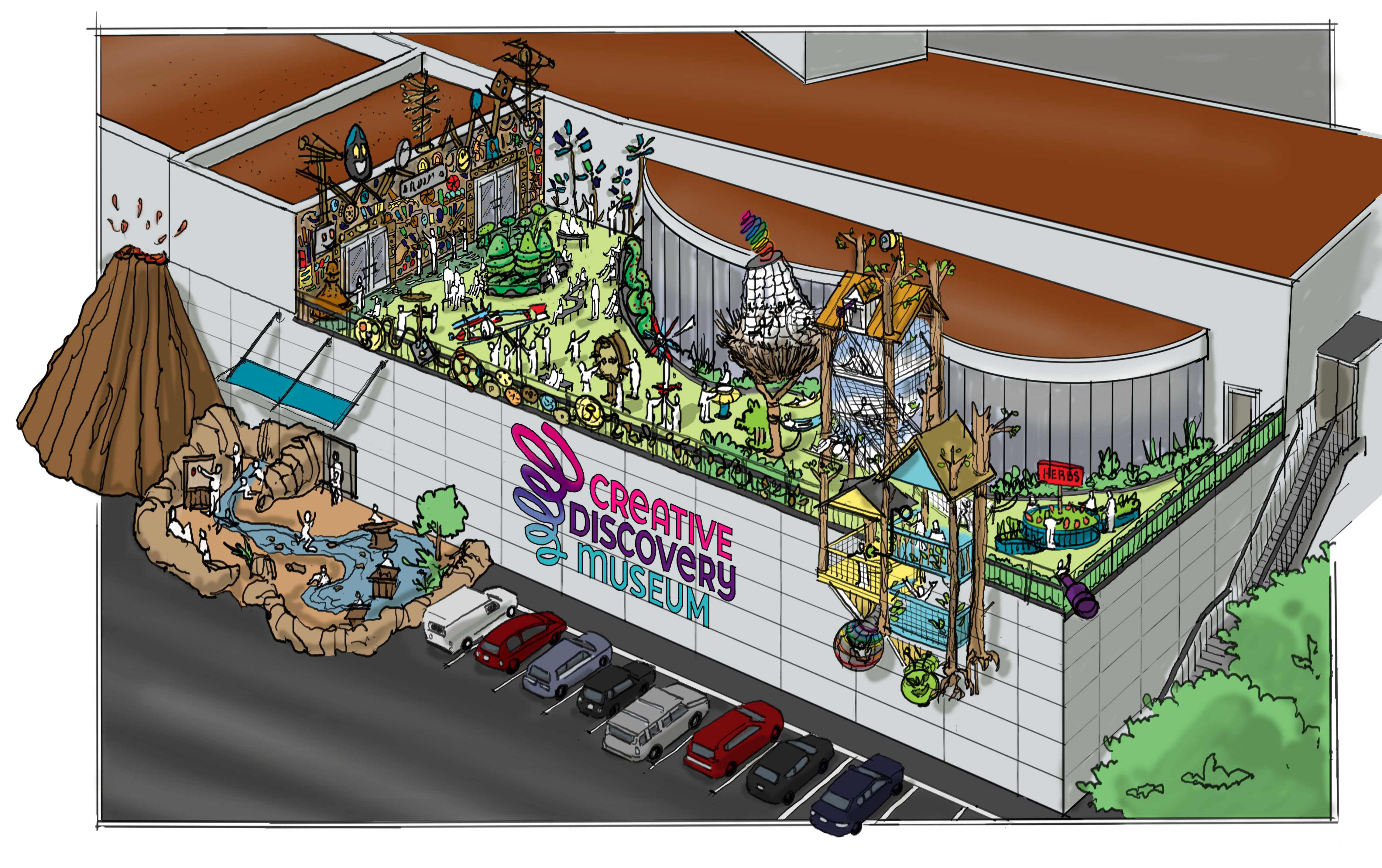Plans for The Tree House Adventure, to be situated on the Creative Discovery Museum's rooftop, are designed to take advantage of the building's visibility from Highway 27 to draw visitors to the museum and to the Riverfront District.