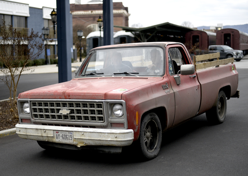 Staff Photo by Robin Rudd/ By way of Timmons, Ontario Lawrence and Dan Lutgendorff pull into the Choo Choo in their Chevy pickup. For a fourth year, the Lemons Rally rolled out of the Appalachian Mountains in a four-day road trip that pits drivers of dozens of dilapidated vehicles from across the country against the road, the winter weather and their ugly, rusty vehicles. Chattanooga was a stop on the route before the event continues on to its finish in Birmingham, Alabama.