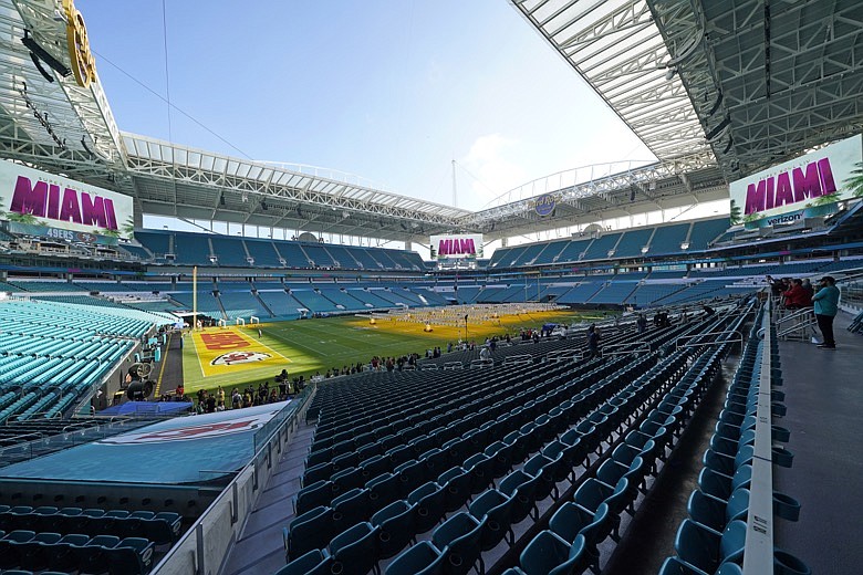 Grow lights cover a portion of the grass field inside Hard Rock Stadium Tuesday, Jan. 28, 2020, in Miami Gardens, Fla., in preparation for the NFL Super Bowl 54 football game. (AP Photo/David J. Phillip)