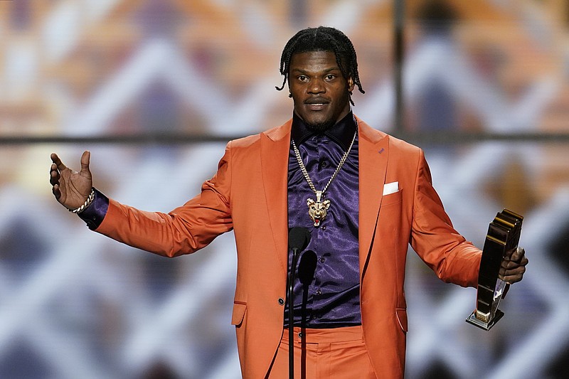 Baltimore Ravens quarterback Lamar Jackson speaks after being named MVP of the 2019 NFL season by The Associated Press on Saturday night in Miami. / AP photo by David J. Phillip