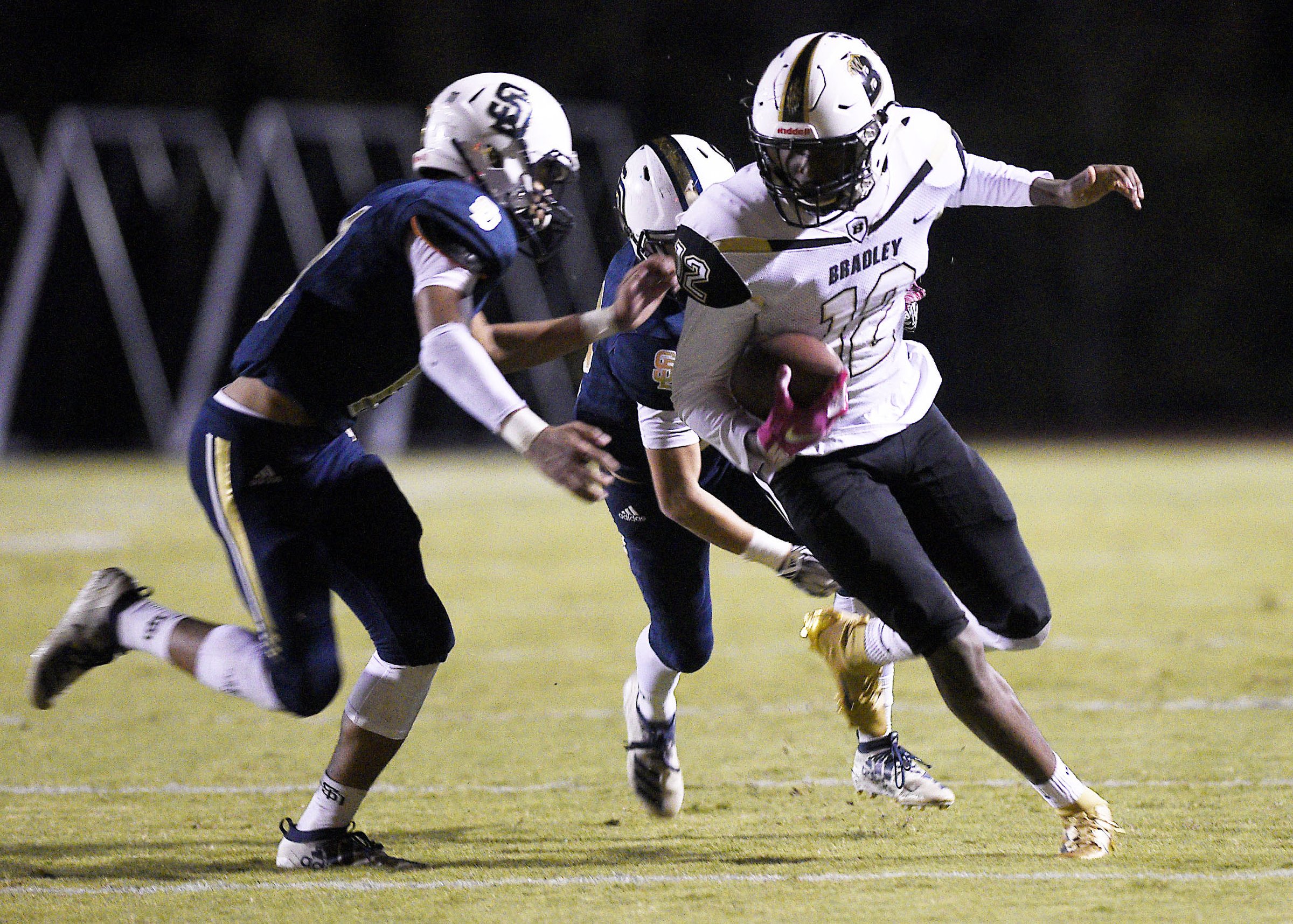 Staff Photo by Robin Rudd/ Bradley's Tray Curry (12) turns up field after a pass reception. The Soddy-Daisy Trojans hosted the Bradley Central Bears in a TSSAA football game on October 24, 2019.